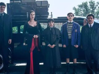 Joonas Suotamo as Lurch, Catherine Zeta-Jones as Morticia Addams, Jenna Ortega as Wednesday, Isaac Ordonez as Pugsley Addams, Luis Guzman as Gomez Addams in 'Wednesday' season 2