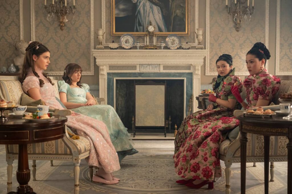 Netflix Delays Bridgerton Season 4 to 2026 – Here’s Your First Look 5 Florence Hunt as Hyacinth Bridgerton, Claudia Jessie as Eloise Bridgerton, Michelle Mao as Rosamund Li, and Isabella Wei as Posy Li in Bridgerton Season 4