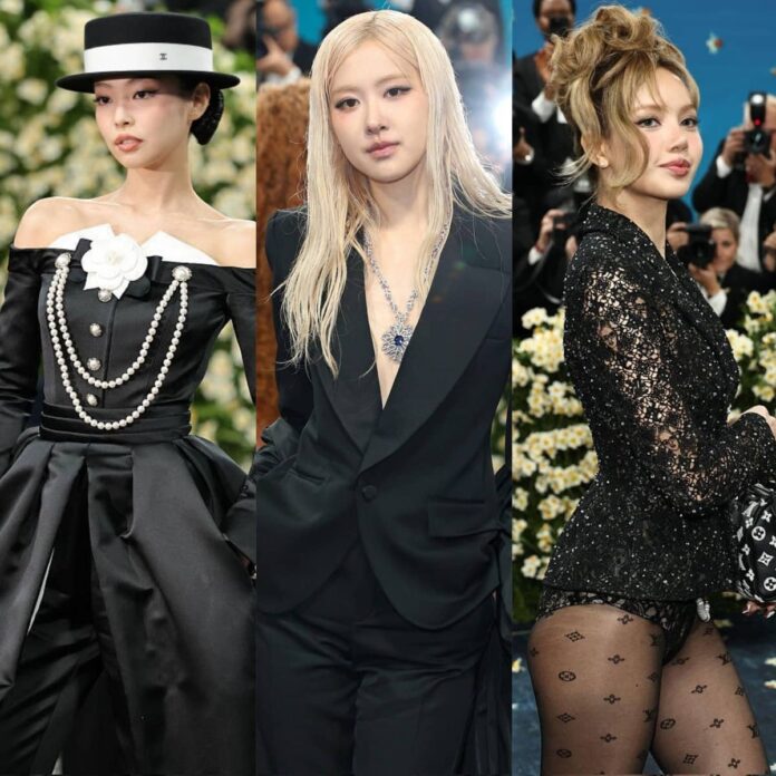 Three BLACKPINK members — Jennie, Rosé, and Lisa at Met Gala 2025.