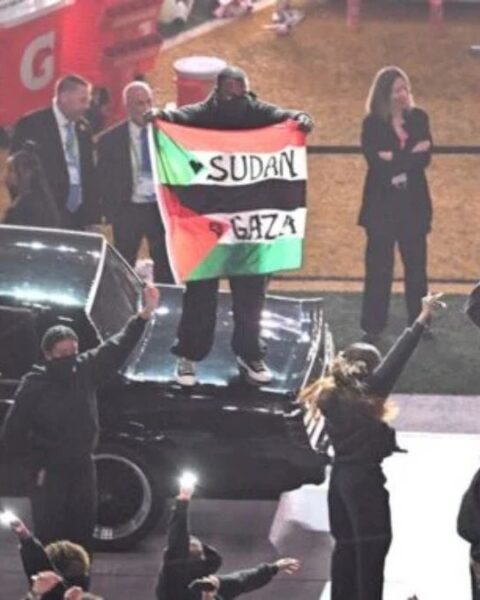 Kendrick Lamar Halftime Performer at Super Bowl Protesting with Gaza-Sudan Flag