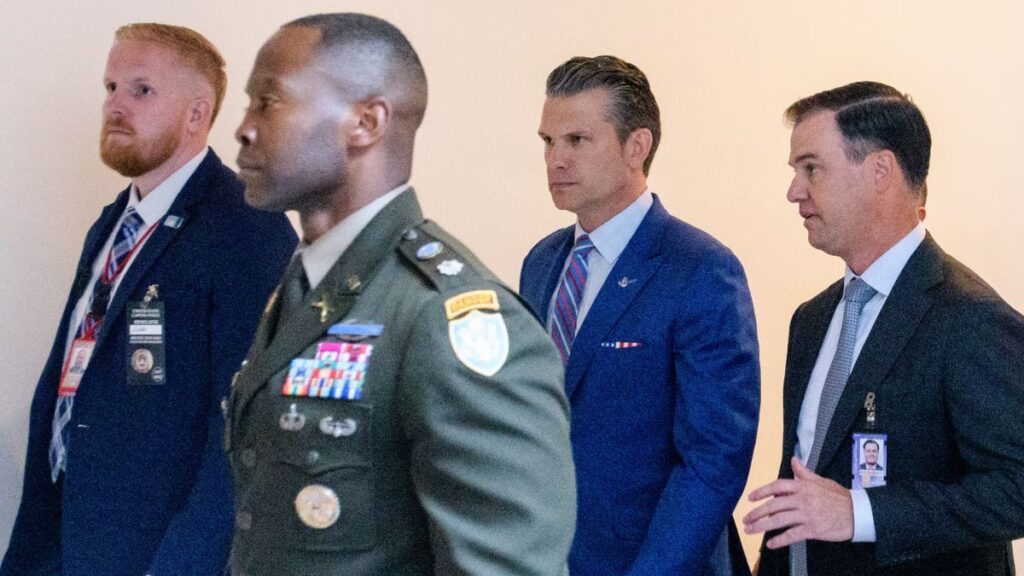 Pete Hegseth, the defense secretary, at the Capitol after the classified briefing for senators on Thursday