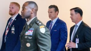 Pete Hegseth, the defense secretary, at the Capitol after the classified briefing for senators on Thursday