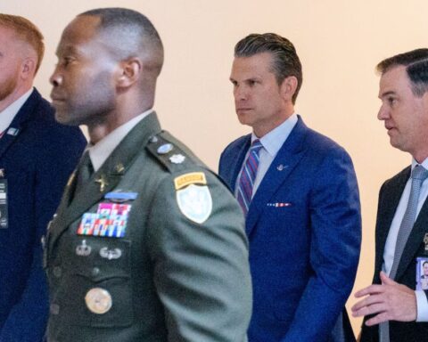 Pete Hegseth, the defense secretary, at the Capitol after the classified briefing for senators on Thursday