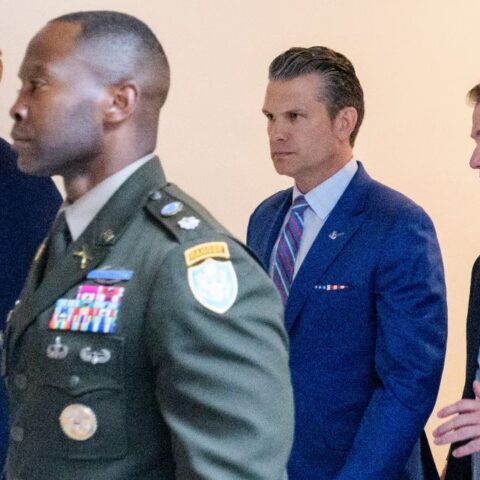 Pete Hegseth, the defense secretary, at the Capitol after the classified briefing for senators on Thursday
