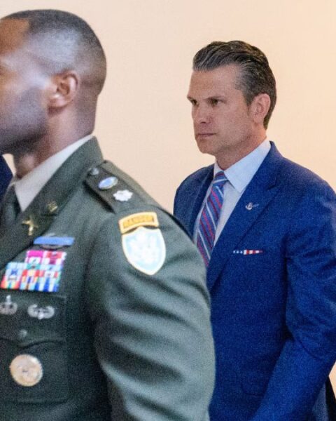 Pete Hegseth, the defense secretary, at the Capitol after the classified briefing for senators on Thursday
