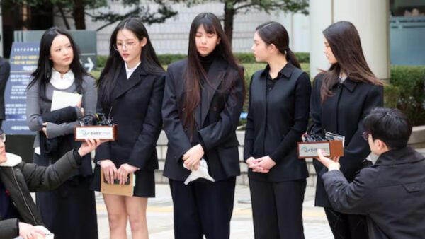 The group NewJeans responds to reporters' questions after completing the first hearing of the injunction filed by ADOR against the members at the Seoul Central District