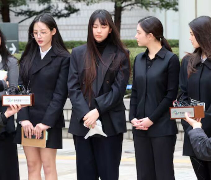 The group NewJeans responds to reporters' questions after completing the first hearing of the injunction filed by ADOR against the members at the Seoul Central District