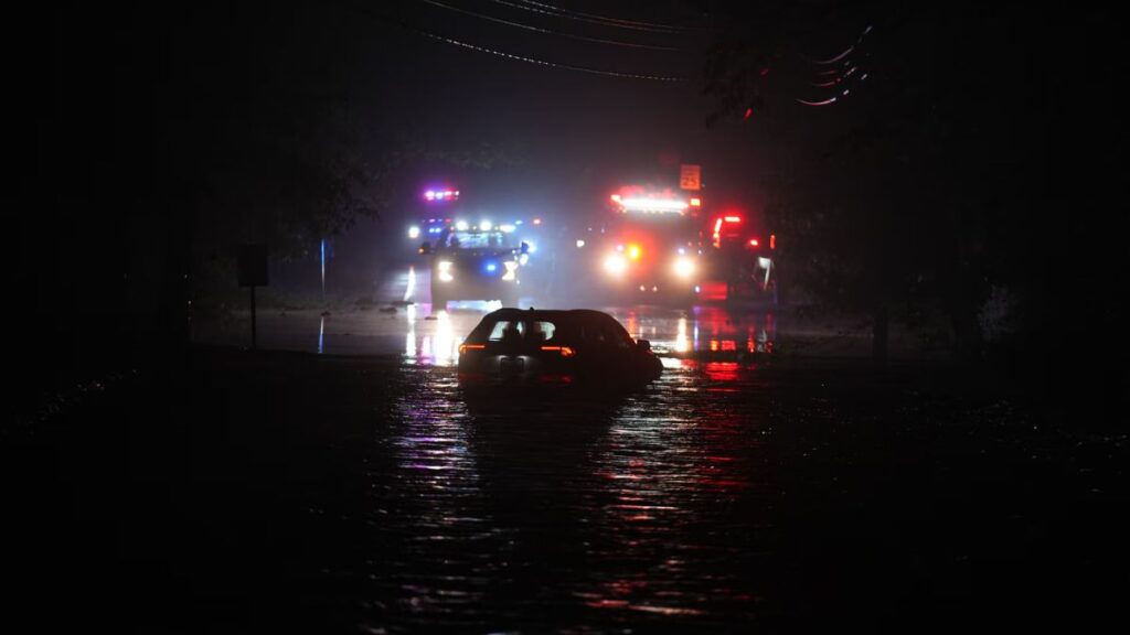 A flooded street in Plainfield, New Jersey, on 14 July 2025