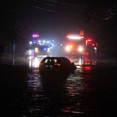 A flooded street in Plainfield, New Jersey, on 14 July 2025