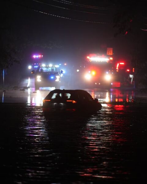 A flooded street in Plainfield, New Jersey, on 14 July 2025