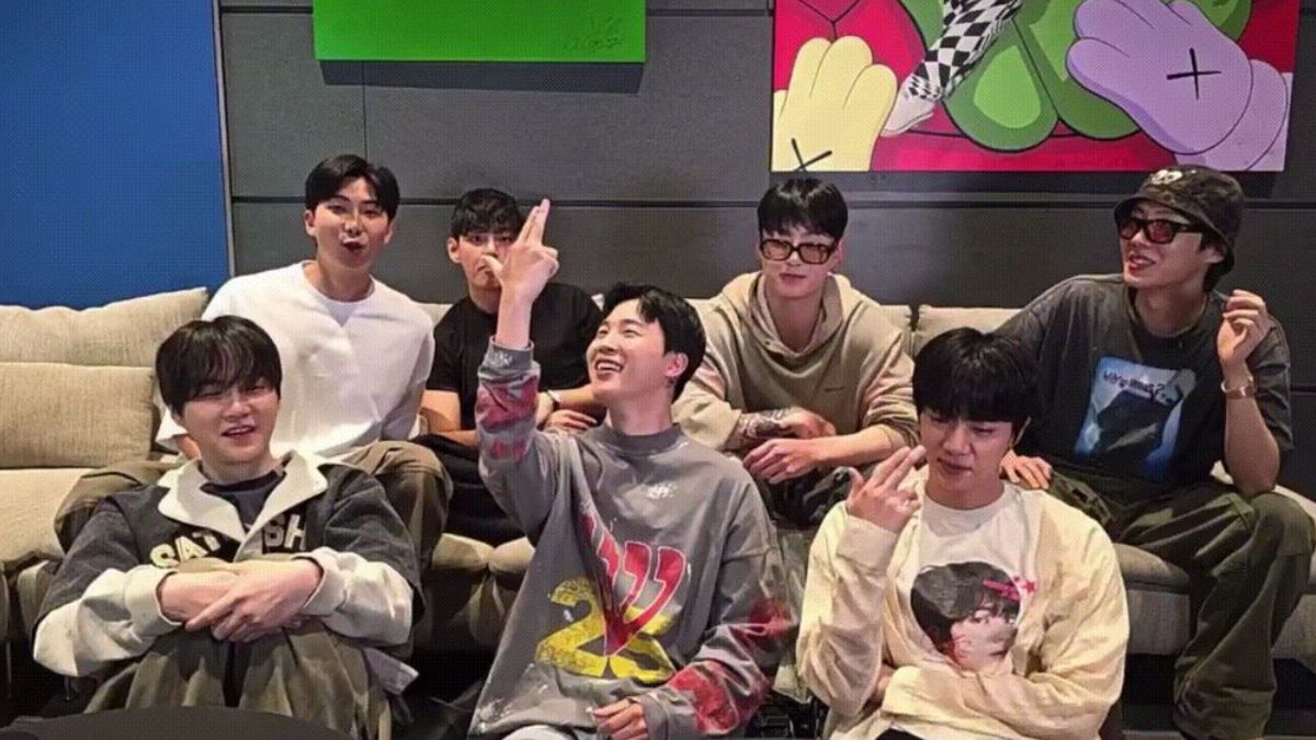 BTS members participate in a Weverse livestream, Tuesday evening