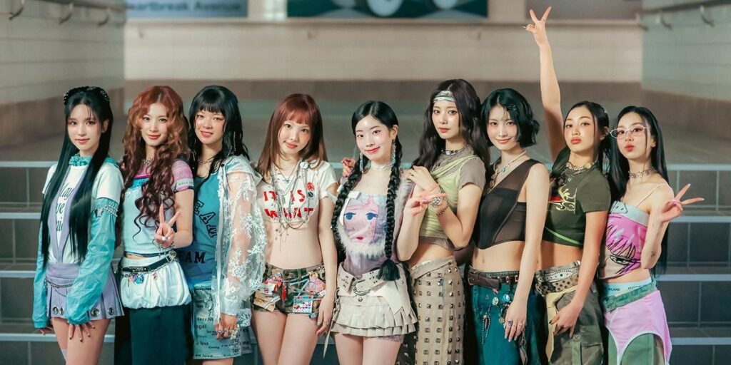 From left are TWICE members Mina, Sana, Jeongyeon, Nayeon, Dahyun, Tzuyu, Momo, Jihyo and Chaeyoung.