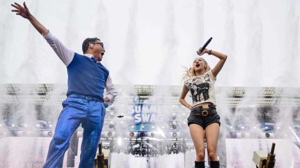PSY & Rosé perform APT. during PSY's Summer Swag 2025 opening tour concert at the Incheon Asiad Main Stadium in Incheon, June 28