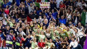 Players & staff from Italy celebrate their victory after the Women's Euro 2025 quarter-final tie between Norway and Italy.