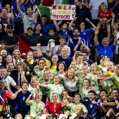 Players & staff from Italy celebrate their victory after the Women's Euro 2025 quarter-final tie between Norway and Italy.