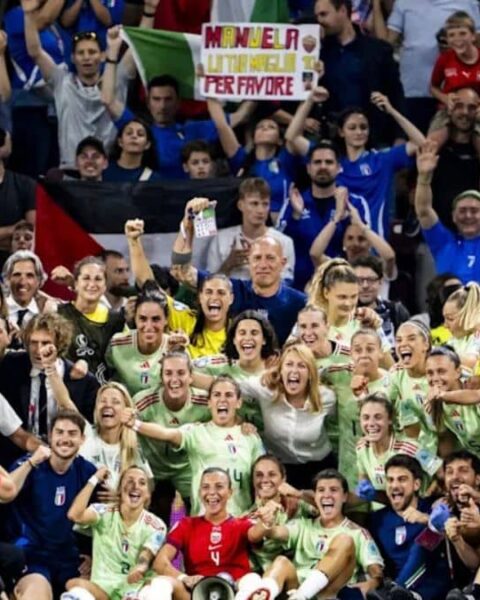 Players & staff from Italy celebrate their victory after the Women's Euro 2025 quarter-final tie between Norway and Italy.