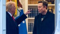 President Donald Trump (left) said that DOGE might go back and ‘eat’ Elon Musk (right)