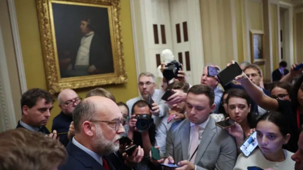 Russell Vought, director of the Office of Management and Budget , speaks with reporters at the U.S. Capitol on Tuesday.