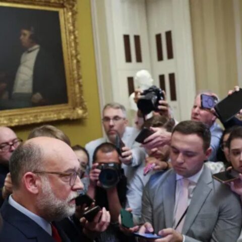 Russell Vought, director of the Office of Management and Budget , speaks with reporters at the U.S. Capitol on Tuesday.