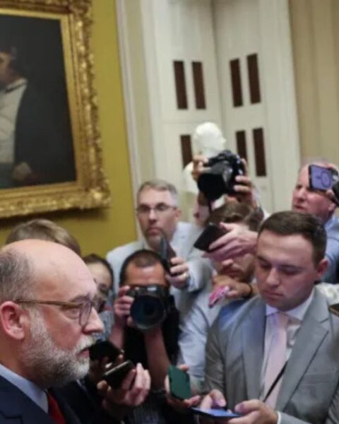 Russell Vought, director of the Office of Management and Budget , speaks with reporters at the U.S. Capitol on Tuesday.