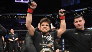 Henry Cejudo celebrating his victory after defeating T.J. Dillashaw at UFC Fight Night 143 on January 19, 2019.