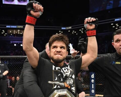 Henry Cejudo celebrating his victory after defeating T.J. Dillashaw at UFC Fight Night 143 on January 19, 2019.