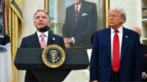 US special envoy to the Middle East Steve Witkoff speaks as President Trump looks on during a swearing-in ceremony in the Oval Office on May 28, 2025.