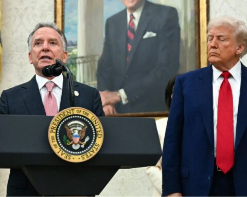 US special envoy to the Middle East Steve Witkoff speaks as President Trump looks on during a swearing-in ceremony in the Oval Office on May 28, 2025.
