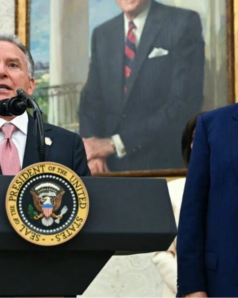 US special envoy to the Middle East Steve Witkoff speaks as President Trump looks on during a swearing-in ceremony in the Oval Office on May 28, 2025.