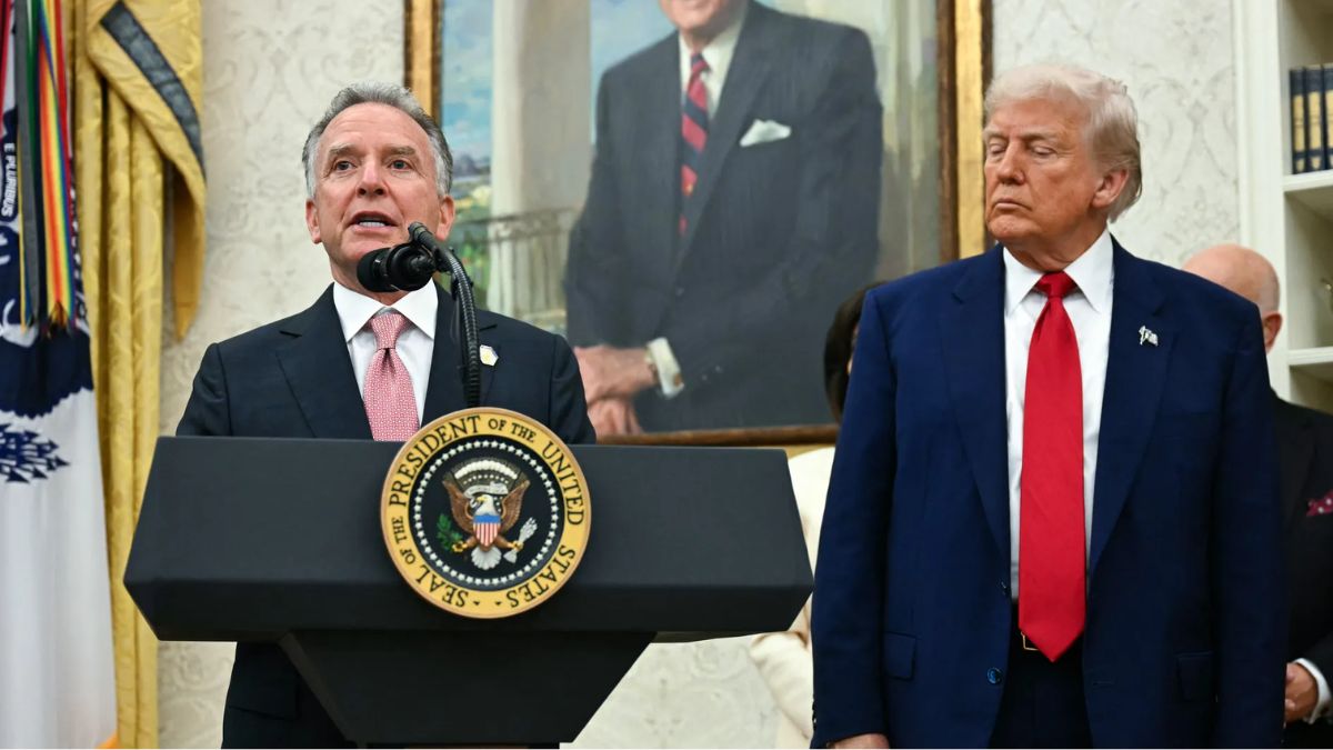 US special envoy to the Middle East Steve Witkoff speaks as President Trump looks on during a swearing-in ceremony in the Oval Office on May 28, 2025.