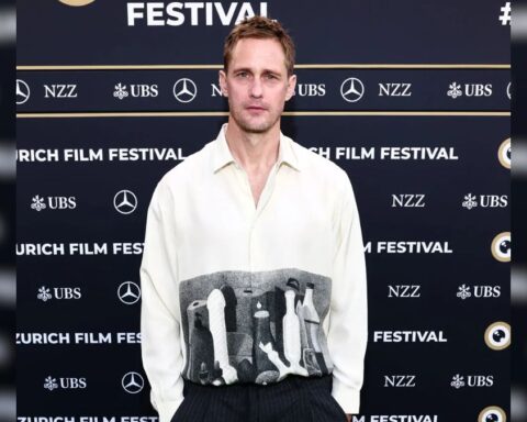Alexander Skarsgård Wears NSFW Shirt at Pillion Photocall