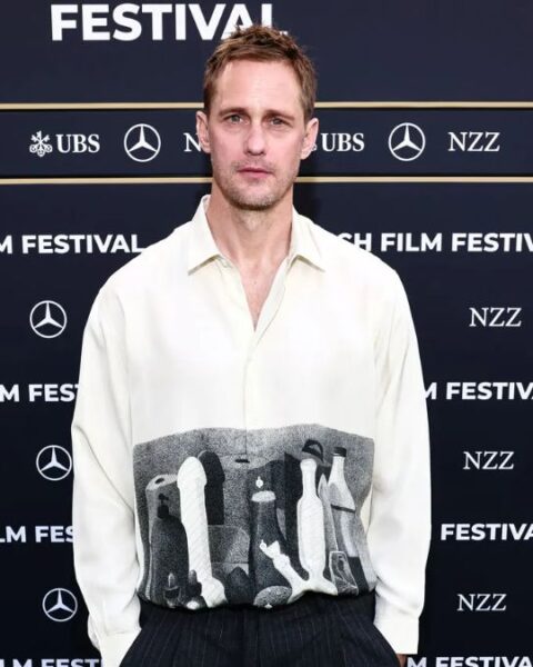 Alexander Skarsgård Wears NSFW Shirt at Pillion Photocall