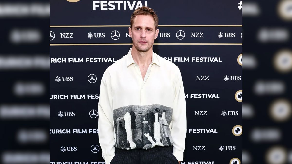 Alexander Skarsgård Wears NSFW Shirt at Pillion Photocall