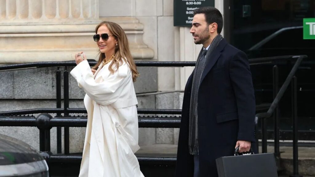 Jennifer Lopez and Brett Goldstein on the set of 'Office Romance' in New Jersey in April 2025.
