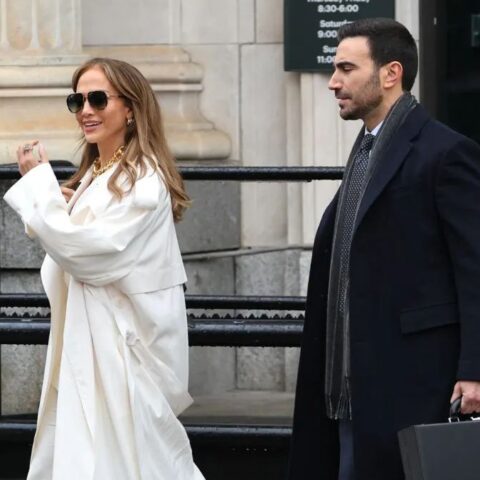 Jennifer Lopez and Brett Goldstein on the set of 'Office Romance' in New Jersey in April 2025.