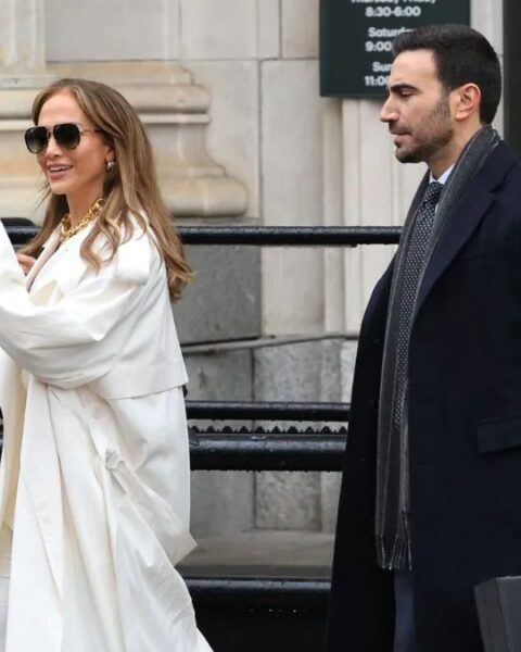 Jennifer Lopez and Brett Goldstein on the set of 'Office Romance' in New Jersey in April 2025.