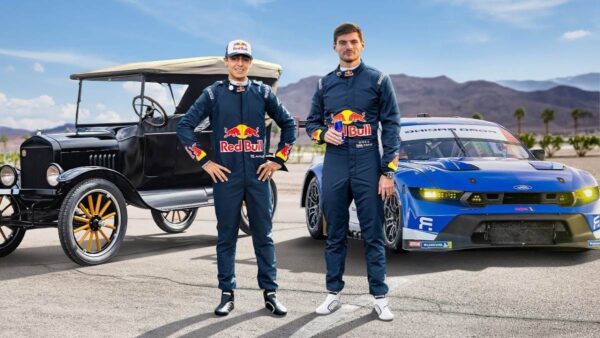 Arvid Lindblad with Max Verstappen in Ford Challenge
