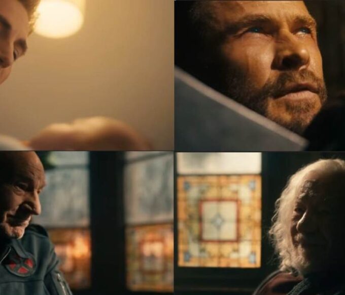 Chris Evans as Steve Rogers, Chris Hemsworth as Thor, Patrick Stewart as Professor X, Ian McKellen as Magneto in Avengers Doomsday Trailer