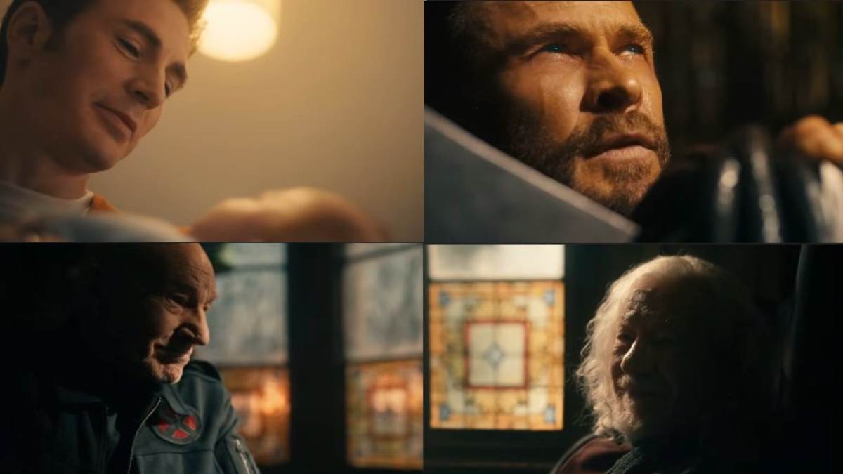 Chris Evans as Steve Rogers, Chris Hemsworth as Thor, Patrick Stewart as Professor X, Ian McKellen as Magneto in Avengers Doomsday Trailer