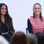 Actress Salma Hayek (L) and Mexican President Claudia Sheinbaum attend a press conference to announce cinema.
