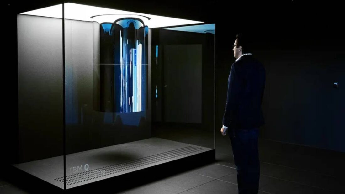 Dario Gil, Director of IBM Research, standing in front of IBM Q System One on October 18, 2019 at the company's research facility in Yorktown Heights, N.Y.