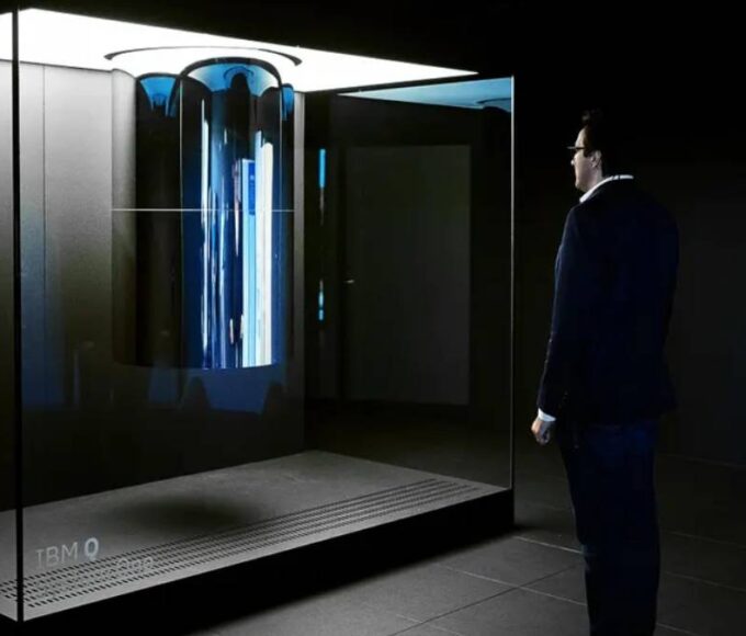Dario Gil, Director of IBM Research, standing in front of IBM Q System One on October 18, 2019 at the company's research facility in Yorktown Heights, N.Y.