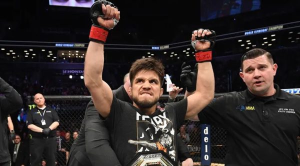 Henry Cejudo celebrating his victory after defeating T.J. Dillashaw at UFC Fight Night 143 on January 19, 2019.