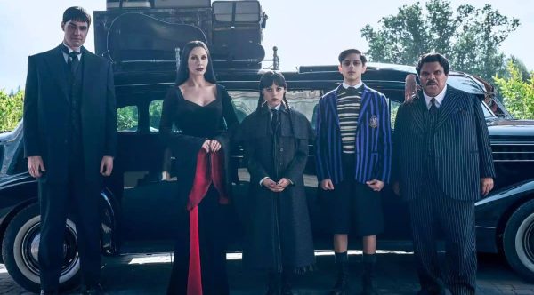 Joonas Suotamo as Lurch, Catherine Zeta-Jones as Morticia Addams, Jenna Ortega as Wednesday, Isaac Ordonez as Pugsley Addams, Luis Guzman as Gomez Addams in 'Wednesday' season 2